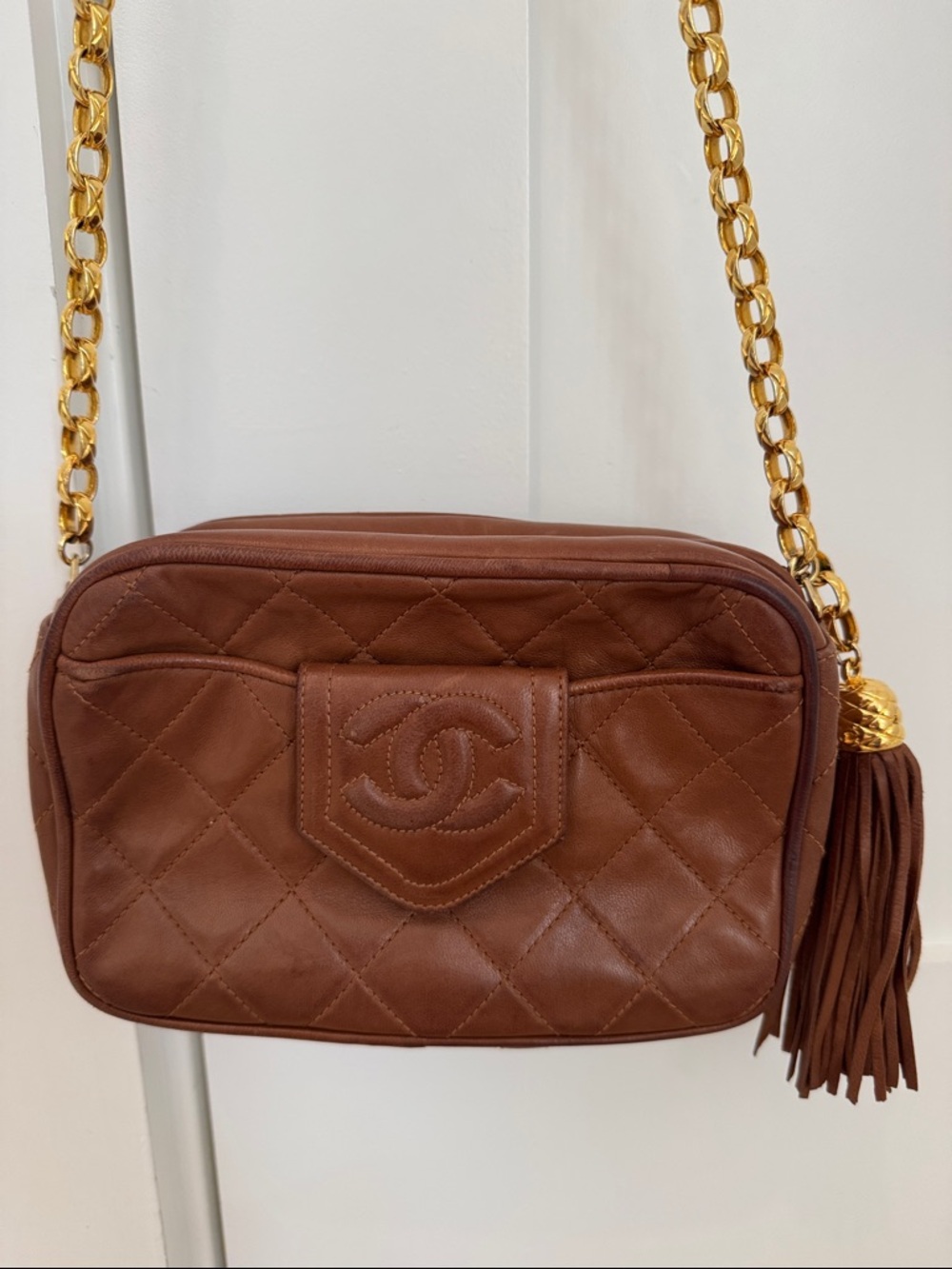 CHANEL Vintage Brown Quilted Lambskin Crossbody with Gold Chain and Tassel